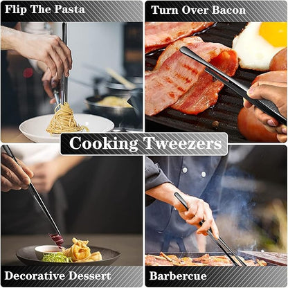 JETKONG 4 Pcs Kitchen Tweezers Professional Stainless Steel Cooking Tweezers Set, Black Kitchen Food Tweezer Tongs for Cooking, Repairing, and BBQ (10+12-Inch, Black)