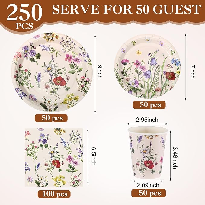 250 Pcs Wildflower Party Decorations Include Spring Summer Floral Paper Plates - Image 2