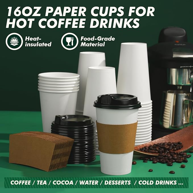 16 oz Coffee Cups with Lids and Sleeves 100 Pack, Thickened Paper Cups - Image 7