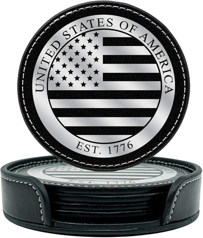 Premium American Flag Leather Coasters Set with Foil Stamped Logo - 4 USA Drink Coasters for Home, Bar Office | Flag Leather Coasters