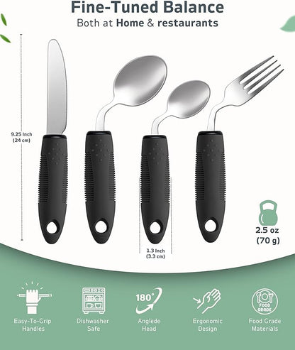 4-Piece Adaptive Utensils Set - 42° Angled Parkinsons Utensils, 2.5 oz Weighted Utensils for Tremors and Parkinsons Patients, Easy Grip Weighted Silverware for Hand Tremors (Left-Handed)