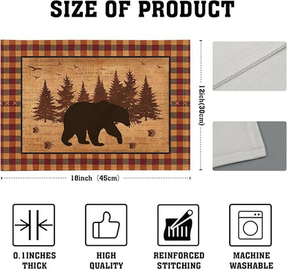 Rustic Bear Forest Pine Tree Placemats Set of 4, Wildlife Paw Print Buffalo Plaid Table Place Mats 18 x12 Inch Heat Resisting Non-Slip Table Mats for Party Holiday Kitchen Farm Indoor Decor