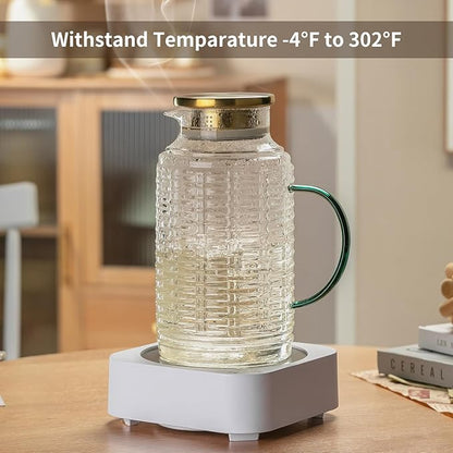 Glass Pitcher with Lid, 68 oz/2 Liter Vintage Water Pitcher, Clear Borosilicate Glass Water Carafe for Cold Brew, Coffee, Lemonade, Iced Tea,Beverage, Heat Resistant Water Glass Jug