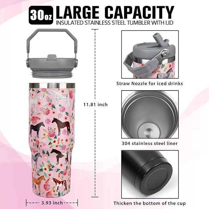 30 oz Pink Tumbler with Handle and Flip Straw, Vacuum Insulated Water Bottle - Image 2