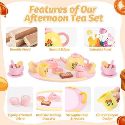 Tea Party Set Wooden Tea Sets for Toddlers 3-5 Little Girls 4-6 6-8 Kids | Kids - Image 3