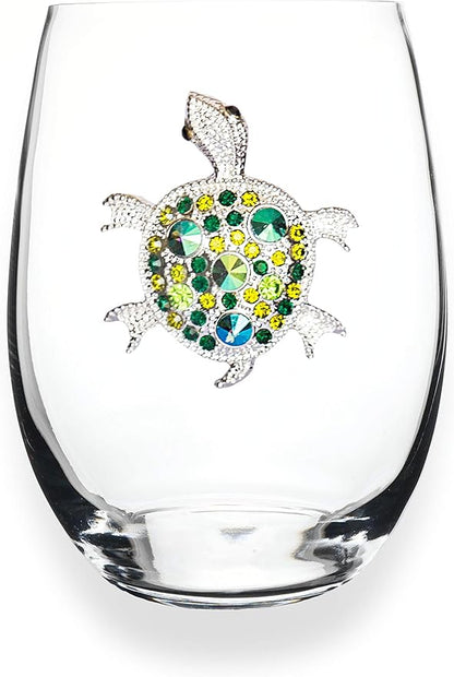 THE QUEENS' JEWELS Turtle Jeweled Stemless Wine Glass, 21 oz. - Colorful and Unique - Hand-Set Rhinestones, Not Painted