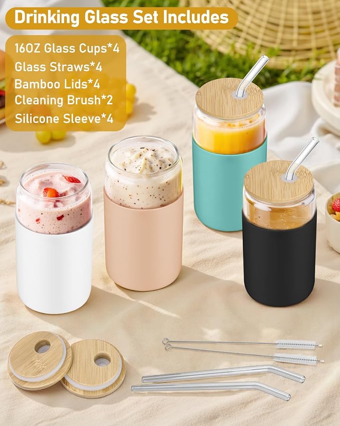sungwoo Glass Cups with Lids and Straws, 4 Pack 16OZ Iced Coffee Cups with - Image 2