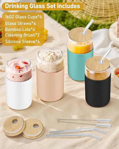sungwoo Glass Cups with Lids and Straws, 4 Pack 16OZ Iced Coffee Cups with - Image 2