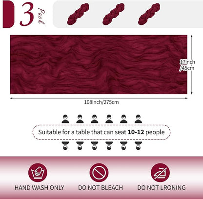 3 Pack Burgundy Cheesecloth Table Runner 17x108 Inch Semi Sheer Boho Gauze - Image 2