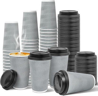 Ginkgo 100 Pack To Go Paper Coffee Cups With Lids, 16 oz Disposable Double-Walled Ripple Insulated Hot Cups for Hot Drinks, Lattes, Travel Cups, Large, Gray