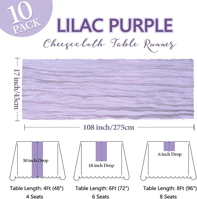 10 Pack 17 x 108 Inch Lilac Purple Table Runner Cheesecloth | Lavender Gauze - Image 2