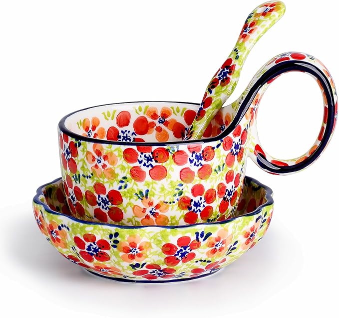 silesia Handmade Loop Handle Soup Bowl, Plate and Spoon Set Ceramic Hand by silesia