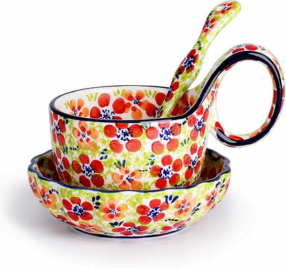 silesia Handmade Loop Handle Soup Bowl, Plate and Spoon Set Ceramic Hand by silesia