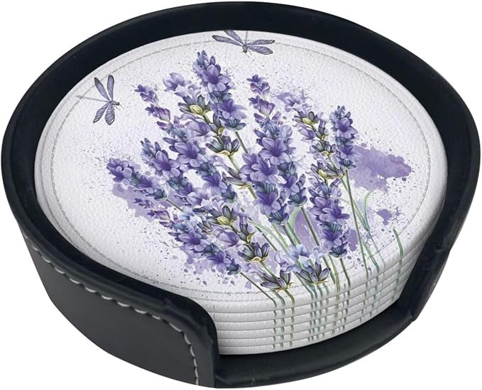 6 Pcs Lavender Flower Purple Floral Dragonfly Leather Coasters - Image 5