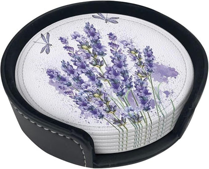6 Pcs Lavender Flower Purple Floral Dragonfly Leather Coasters - Image 5