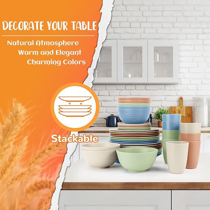 40 PCS Wheat Straw Dinnerware Sets Unbreakable Dishes Set for 8 Plastic Plates and Bowls Sets with Cups Dishwasher & Microwave Safe - Colorful