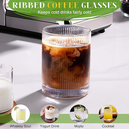 Ribbed Glass Cups Set of 8 - 4 Large Capacity Highball Glasses 17oz, 4 Rocks Glass Cups 12oz, Cocktail Glasses, Drinking Glasses Ideal for Beer, Juice, Water, Ice Coffee Cup, Whiskey, Mixed Drinkware