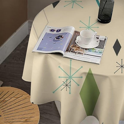 Colorful Middle Century Round Tablecloth, Vintage Bohemian Mid Century Modern Retro Print Tablecloth for Home Party Dining Room Kitchen Decor 60Inch(152cm)