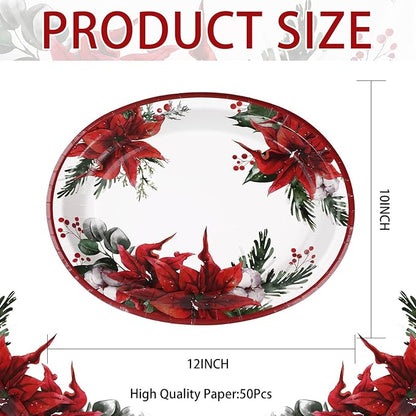 50 Pcs Christmas Oval Plates 10" x 12" Large Disposable 400 GSM Heavy Duty Red Poinsettia Floral Paper Dessert Plates Christmas Birthday Party Decorations for Festive Xmas Theme Dinner Party Supplies