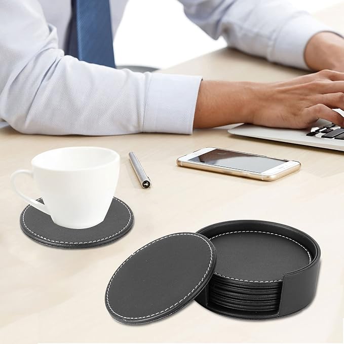 Durable Round Black Leather Coaster - Image 5