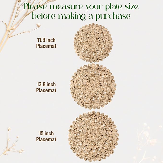 11.8" Corn Husk Woven Round Placemats Set of 6 - Wicker Boho Farmhouse Placemats - Rattan Table Mats Like Water Hyacinth for Dining Table, Wedding, Home