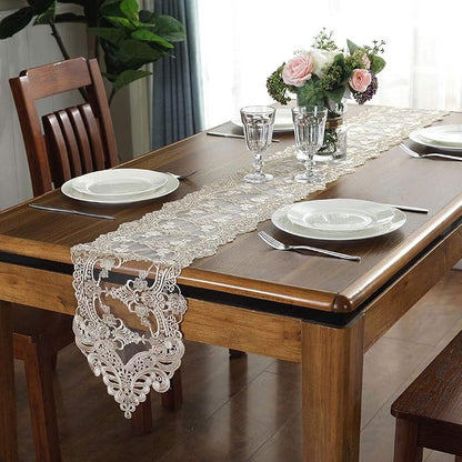 ARTABLE Champagne Lace Table Runner Macrame Dresser Scarf 10 x 110 Inch | - Image 2