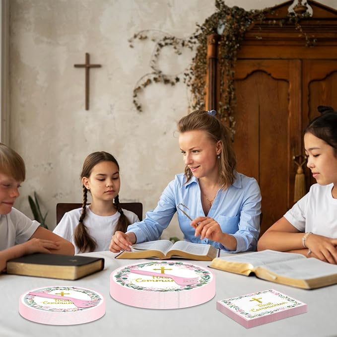 96 Pieces First Communion Floral Tableware Set – Pink Floral Cross Disposable - Image 5