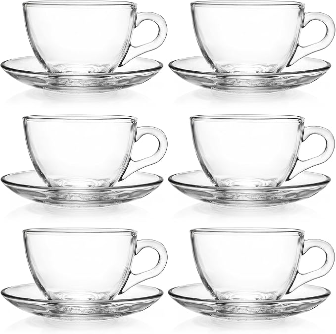 Tosnail 6 Pack 7-Ounce Glass Tea Cups and Saucers Sets Glass Coffee Mugs by Tosnail