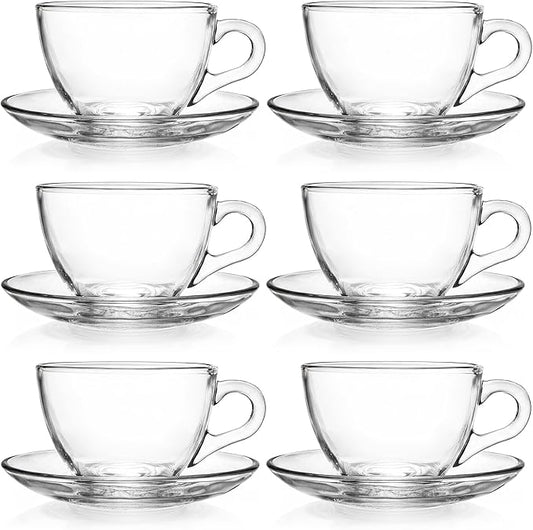 Tosnail 6 Pack 7-Ounce Glass Tea Cups and Saucers Sets Glass Coffee Mugs by Tosnail