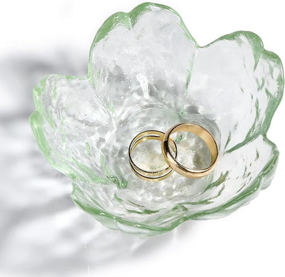 Green Glass Ring Holder Dish, Cherry Blossom Decor Jewelry Trinket Tray, Rings Earrings Keys Storage Organizer Bowl