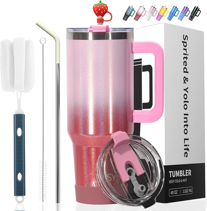 30 oz Shiny Tumbler with Handle and Straw, Stainless Steel Tumbler with Lid and by Watersy