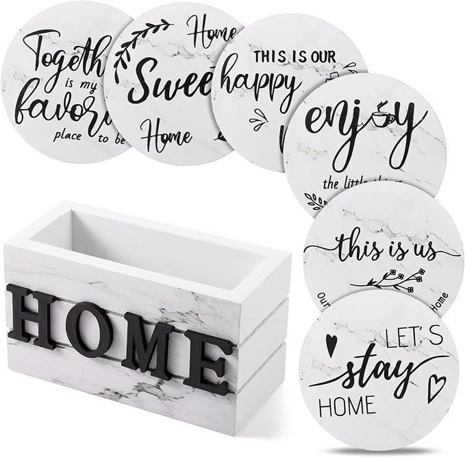 Queekay Coasters Set of 6 House Warming Gifts New Home Wooden Farmhouse Drink by Queekay