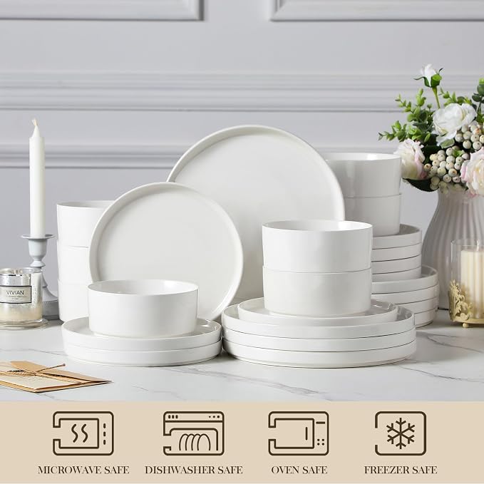 MALACASA 24 Pieces Porcelain Dinnerware Set, Modern White Dish Set - Image 4