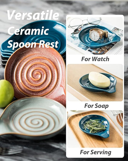 LAUCHUH Spoon Rest for Stove Top, Ceramic Spoon Holder for Kitchen Countertop, Large Cooking Utensil Rest for Spatula, Spoons or Tongs, Framhouse Decor, Blue, 5 Inches