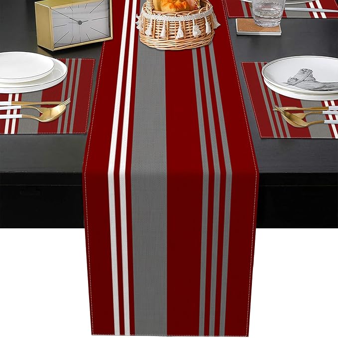 Table Runner and Placemats Set of 6, Abstract Vintage | Stripes Burgundy - Image 5