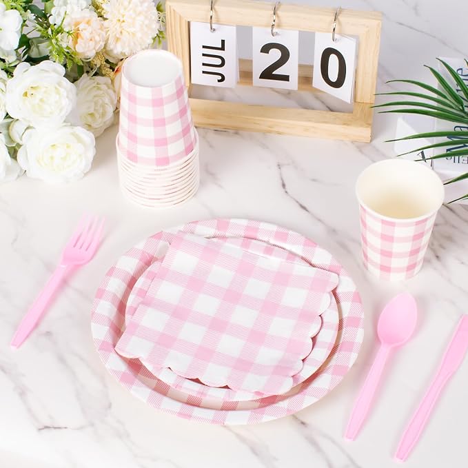 Vyntra 175 Pcs Pink & White Checkered Gingham Paper Plates and Napkins Set - Image 4
