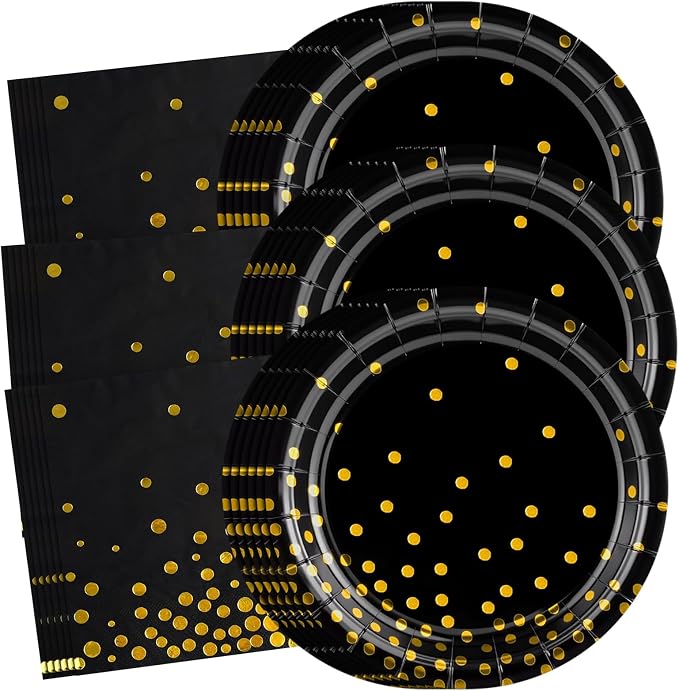 NatNarr 25 Set Black Gold Plates and Napkins Set, 6.5" Napkins, by NatNarr