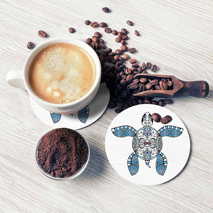 Cartoon Turtle Coasters Set for Wood Table Floral Geometric Pattern Ocean Animal Tribal Boho Paisley Tabletop Protection Mat for Mugs and Cups 4 Inch for Kitchen Office Home