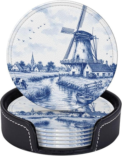 Delft Blue Dutch Windmill Countryside Leather Coasters | 6 Pack Pu Leather - Image 2