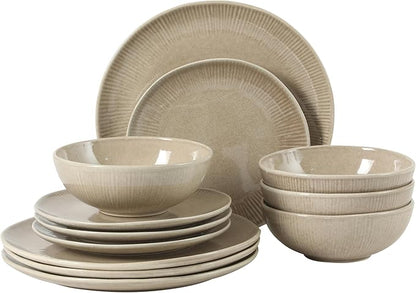 Gibson Elite Sandy Pines Stoneware Plates and Bowls Set - 12 Piece Reactive Glaze Dinnerware Set - Service for 4 - Dishwasher and Microwave Safe - Cream Taupe