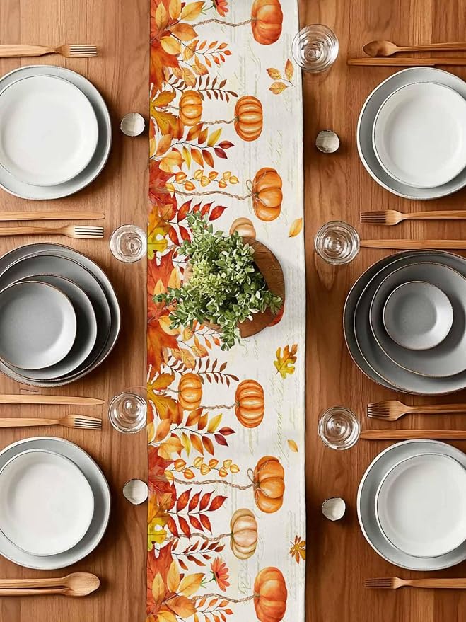 Orange Pumpkin Fall Table Runner 108 Inches Long, Thanksgiving Maple Eucalyptus - Image 7