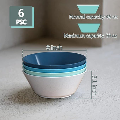 Homestockplus 50 Oz Wheat Straw Bowls Set of 6 - Unbreakable, Stackable & Microwave Safe, Multicolor Large Cereal Bowls for Oatmeal, Soup, Ramen, Salad, Popcorn, etc. Safe for Kids & Family