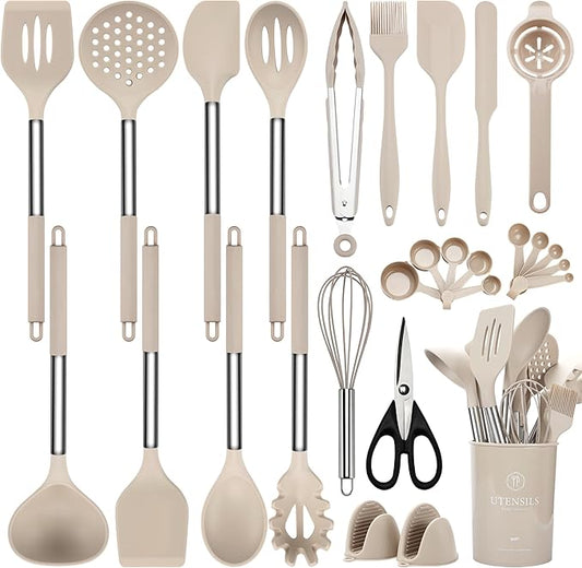 Silicone Kitchen Utensils Set, 28 Pcs Cooking Utensils Set 446°F Heat Resistant Spatula Set, Food Grade Silicone and Stainless Steel Handle Kitchen Gadgets for Nonstick Cookware BPA Free