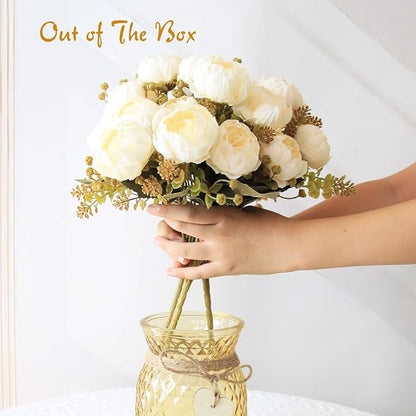 Faux Flowers in Vase,Fake Flowers in Vase 21 Pcs Faux Peony Flowers,Artificial Flowers for Home Decor, Indoor Centerpiece for Living Room & Dining Table (White)