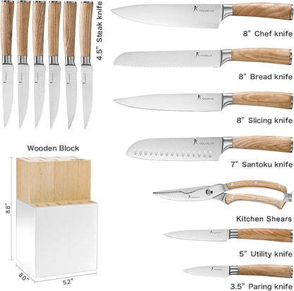 Natura Series 14 PCS Knife Block Set, Ultra Sharp High Carbon Stainless Steel with Wooden Handle
