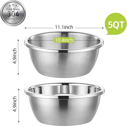Colander Stainless Steel 304 with Mixing Bowls, 5QT Large Capability Strainers and Colanders for Kitchen, Pasta Strainer for Washing Vegetables, Fruit and Rice, Dishwasher Safe(2PCS)
