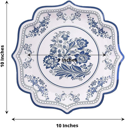 50 Pack 10" Light Blue French Toile Dinner Plates, Disposable Round Paper Party Plates 300 GSM for Festive Table Decoration