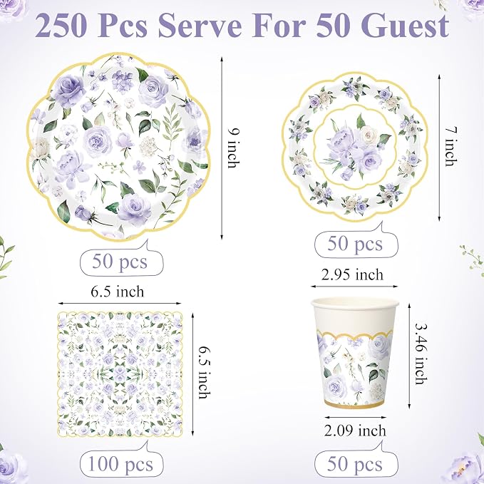 Funnymoom 250 Pcs Floral Party Decoration Flower Paper Plates Napkins and Cups - Image 3