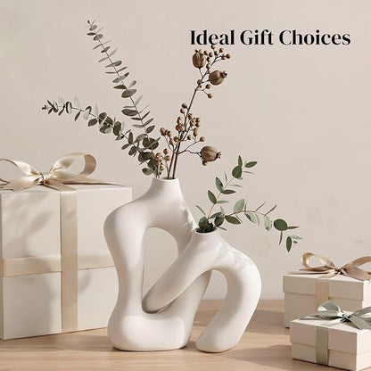 Dowan White Vases for Decor, Hollow Ceramic Vase Set of 2, 8.3" Nordic Modern - Image 8