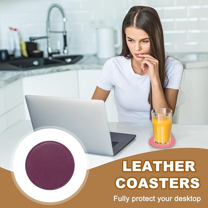 uxcell 5Pcs PU Leather Coasters, Wine Red - Image 6